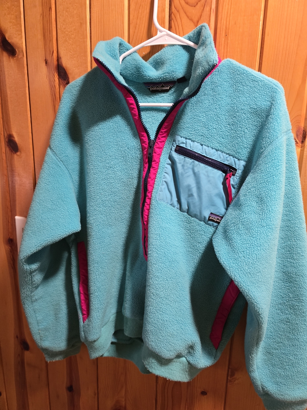 Patagonia 90's Vintage Aqua Fleece Pullover with Pink Trim GORPCORE